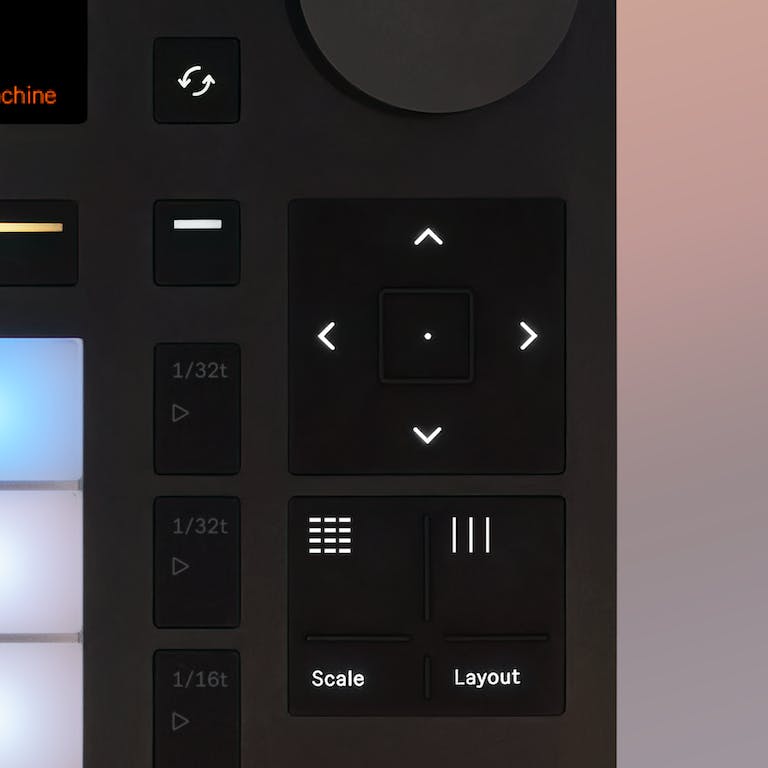 Detail shot of the right side of Push showing the side arrows, Note Mode button and Session View Mode button.