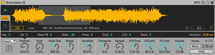 Overlap and fade grains of sound with Granulator III’s Classic playback mode