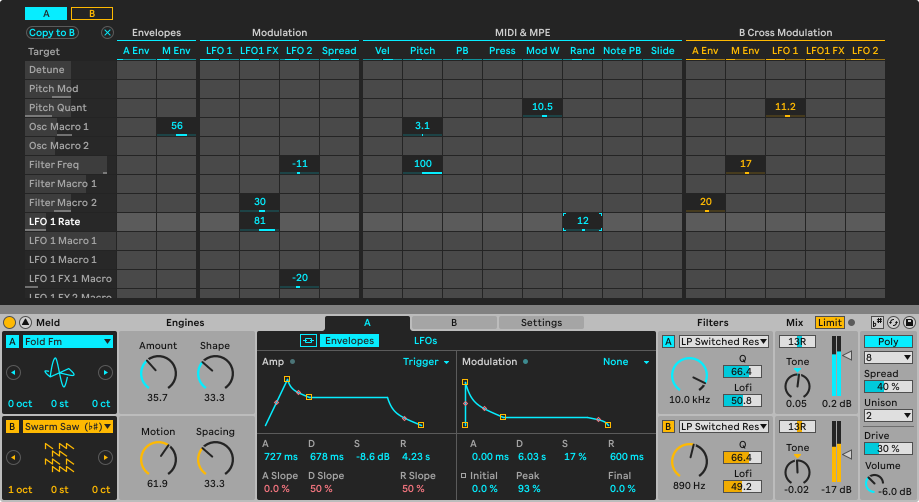 Explore Meld’s full modulation matrix, oscillators, LFOs and other parameters